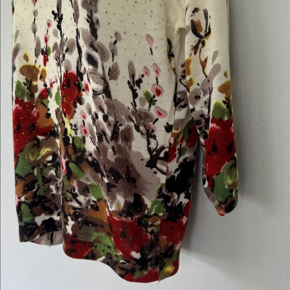 Vintage CD Petites cream red floral print rhinestone stud sweater size medium